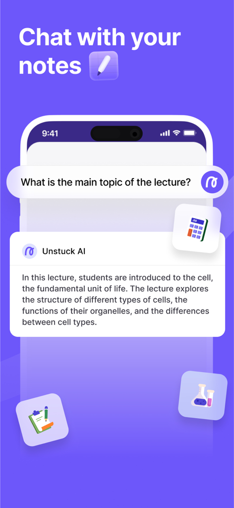 Unstuck AI Note Taker - A smartphone interface showing the Unstuck AI chat feature providing a summary of a biology lecture about cells.