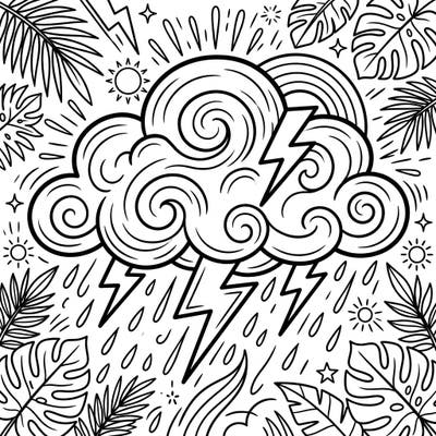 Experience the dramatic beauty of a summer storm with this captivating coloring page. Dive into a scene where powerful thunderclouds meet lush tropical foliage, offering a unique blend of excitement and relaxation.