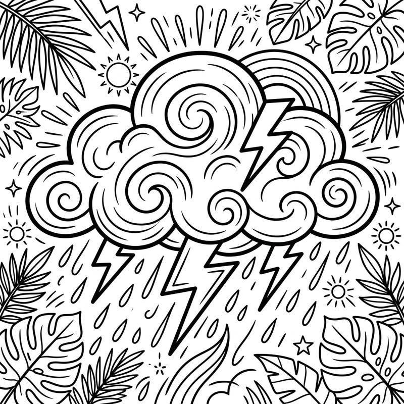 Experience the dramatic beauty of a summer storm with this captivating coloring page. Dive into a scene where powerful thunderclouds meet lush tropical foliage, offering a unique blend of excitement and relaxation.