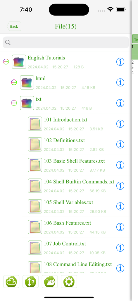 Bash IDE Fresh Edition - File manager interface with Bash scripting tutorials and lessons