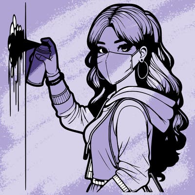 realistic girl with mask spray painting a wall