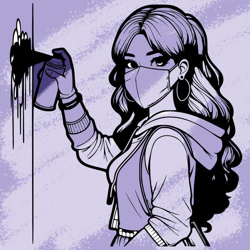 realistic girl with mask spray painting a wall