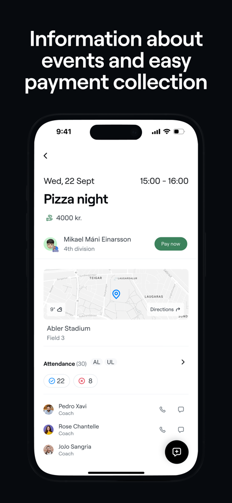 Interface de l'application Abler montrant les détails de l'événement sportif avec collecte de paiements et carte de localisation.