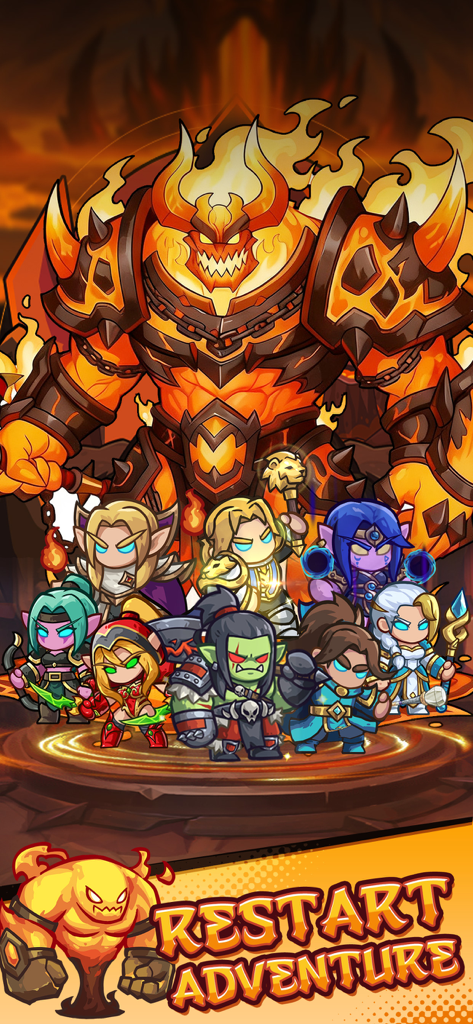 Mini Legion: Warband - Un gruppo di eroi fantasy chibi di fronte a un gigantesco boss mostruoso fiammeggiante in Mini Legion Warband.