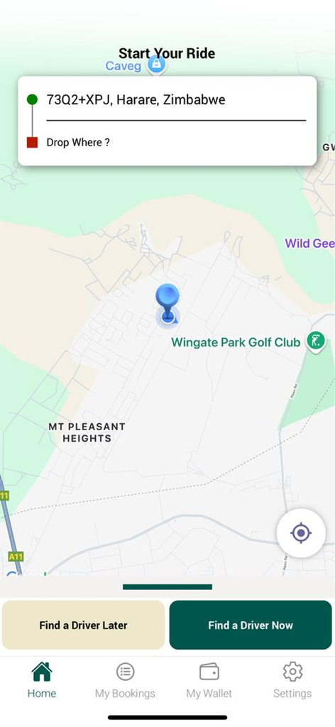 Go Safe ZW - Go Safe ZWアプリのジンバブエ、ハラレでのライド予約マップインターフェース