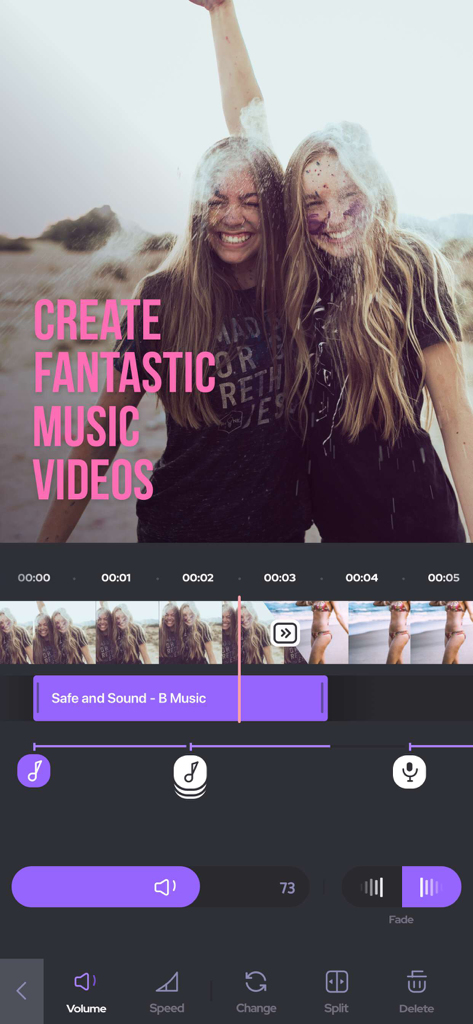 Video editing interface of the Add Background Music To Video app showing an audio track overlay on a video of two smiling friends at a color festival.