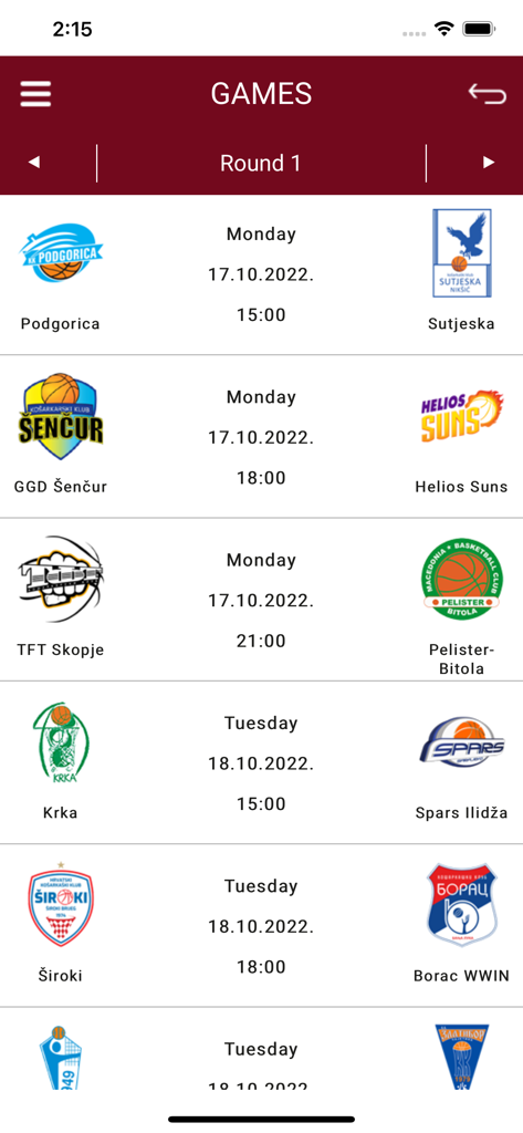 Interfaccia dell'app ufficiale ABA League che mostra il calendario delle partite e gli incontri delle squadre per il Round 1.