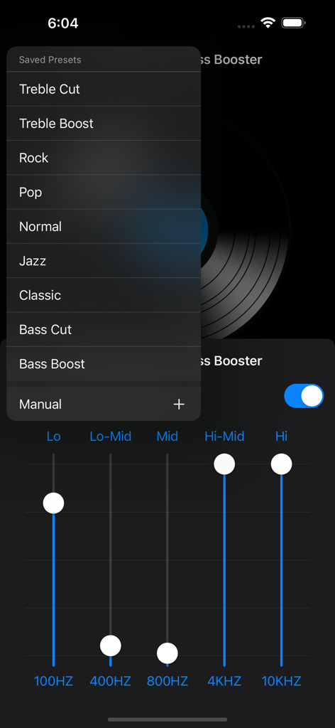 Audio Equaliser - Screen of an audio equalizer app with five frequency sliders and a menu showing sound presets like rock and bass boost.