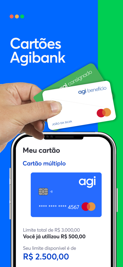 Screenshot of the Agibank mobile app displaying physical and digital credit cards with credit limit information