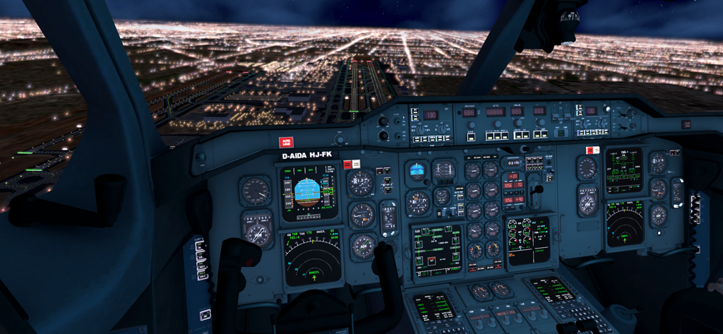 3D cockpit view of an airplane landing at night in RFS