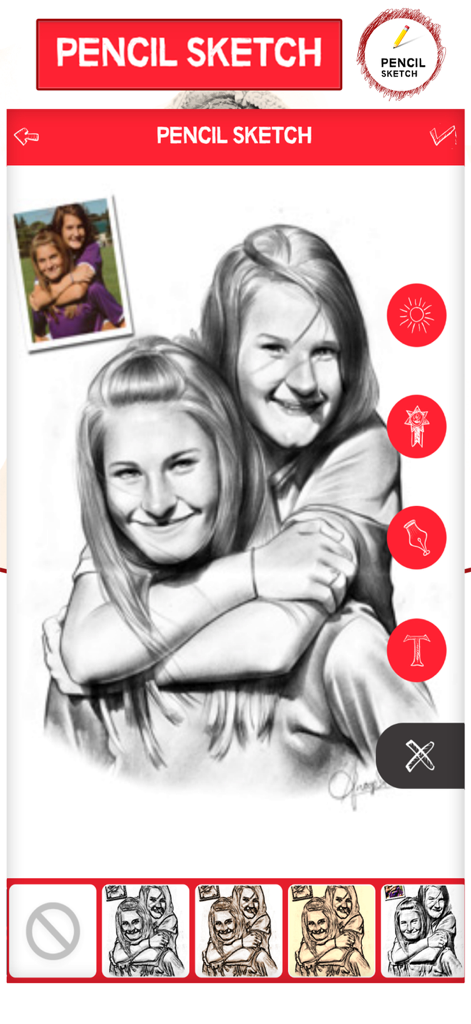 iSketch - Pencil Sketch Effect - A realistic pencil sketch effect applied to a photo of two girls within the iSketch app interface