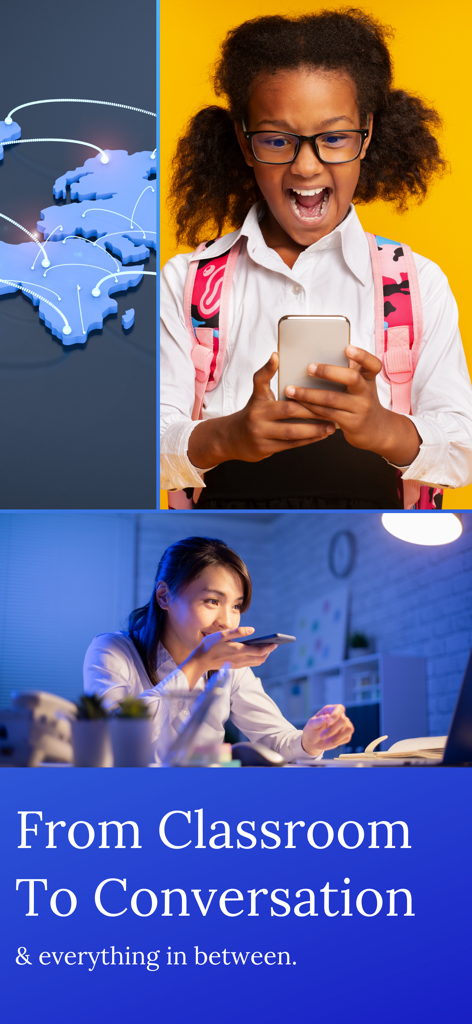 Werbebildschirm der English Chatterbox App, der zeigt, wie Schüler KI-Nachhilfe mit dem Slogan Vom Klassenzimmer zur Konversation nutzen