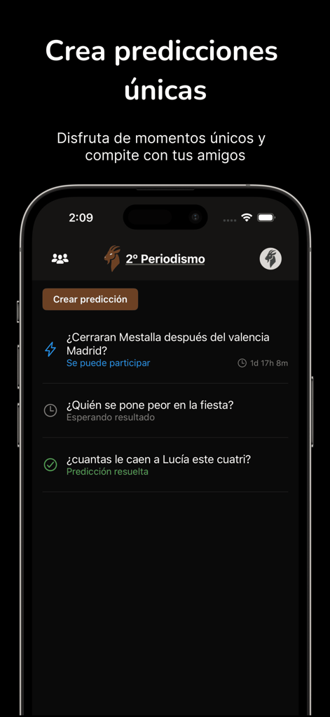 Goated - Goated app interface showing a group dashboard with social predictions and the option to create new ones.