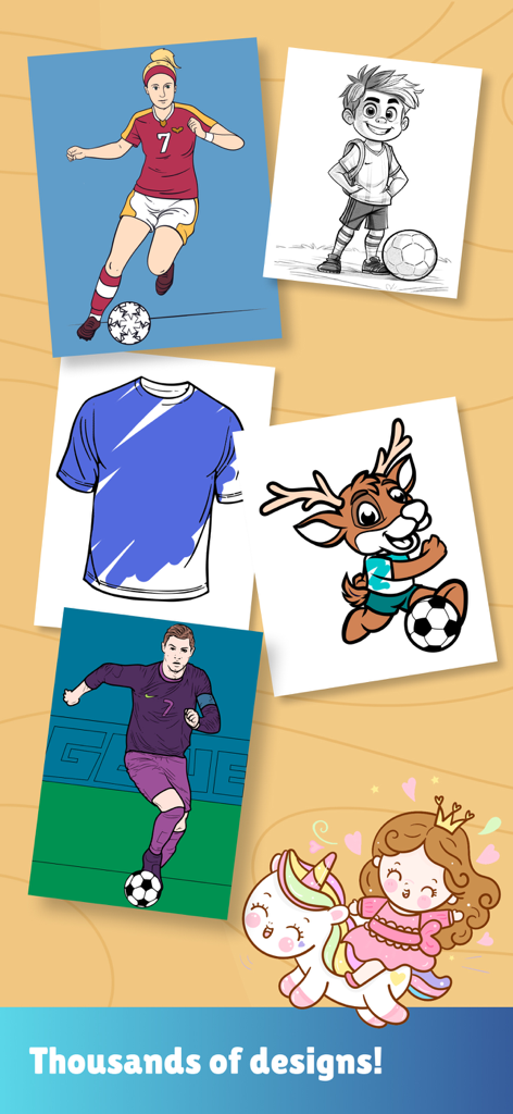 Paint magic soccer pages - Verschiedene Malvorlagen mit Fußball-Thema, die männliche und weibliche Spieler und Charaktere zeigen