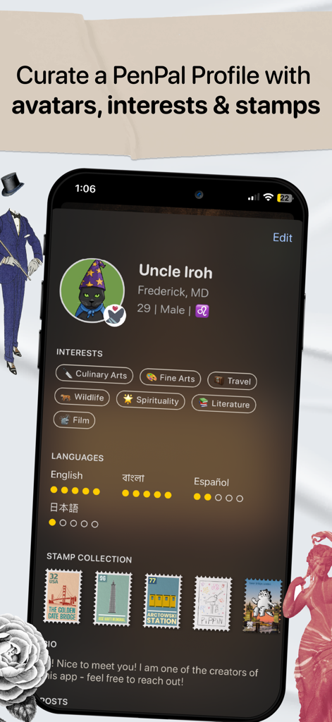 Lettre.app - PenPals for life - User profile on Lettre app featuring a custom avatar, interest tags, language ratings, and a digital stamp collection.