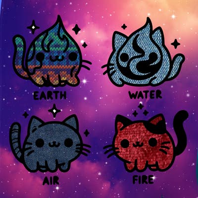 4 cats that represent the different elements, earth, water, air, and fire
