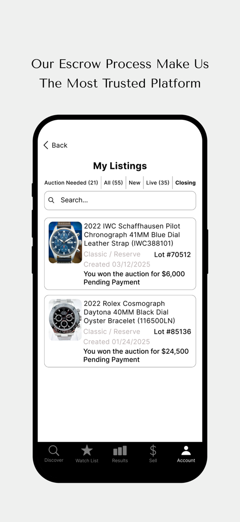 Grailzee app interface showing won luxury watch auctions for Rolex and IWC with pending payment status.