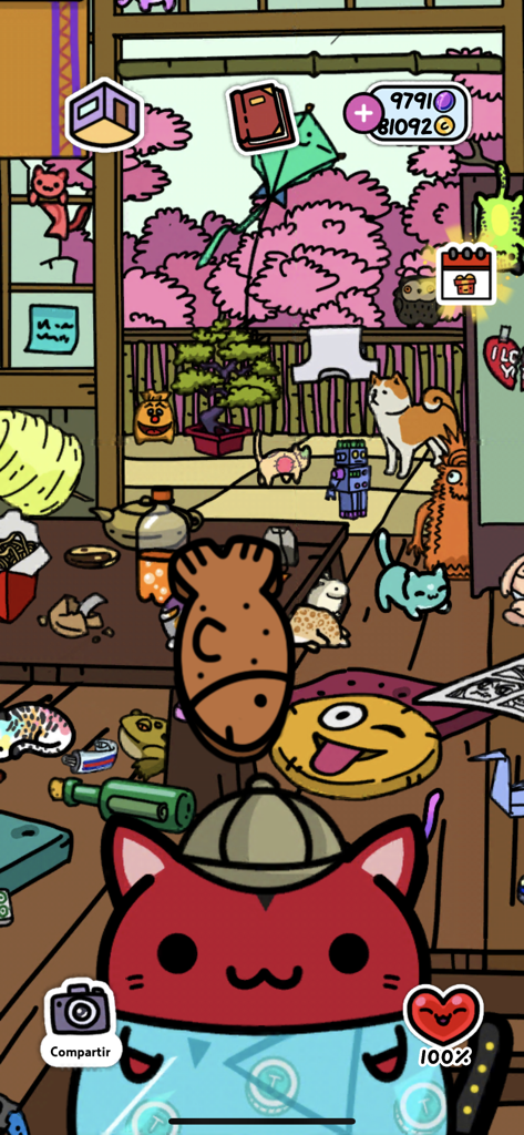 Un gato rojo con sombrero de detective en una habitación llena de objetos coleccionados y un fondo de flores de cerezo en el juego KleptoCats.