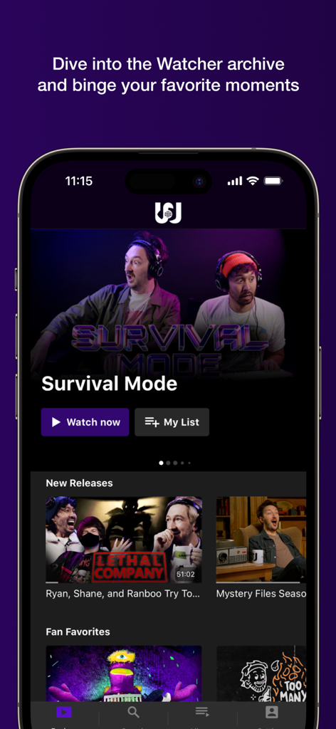 WatcherTV - WatcherTV mobile app home screen showing survival mode series and new releases categories.