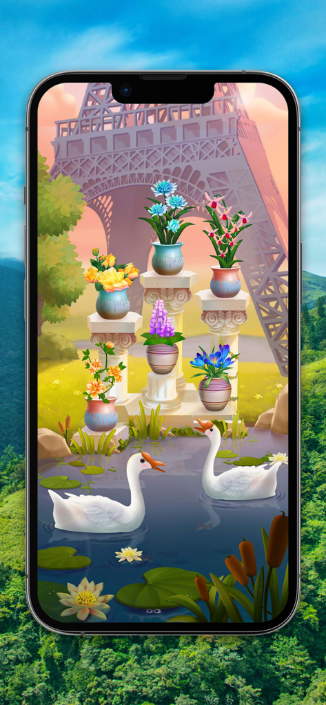 Solitaire, Klondike Card Games - A decorative digital garden in Solitaire Klondike featuring flower pots swans and the Eiffel Tower