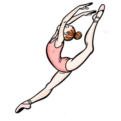 gymnast doing a leap in a leotard with a bent back leg