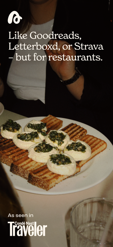 Appetite: Restaurant Tracking - Promotional screen for Appetite app comparing it to Goodreads and Letterboxd for restaurants with a plate of appetizers