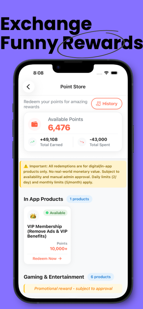 Interface of the Point Store in the Live 4D Results app showing available points and VIP membership redemption options