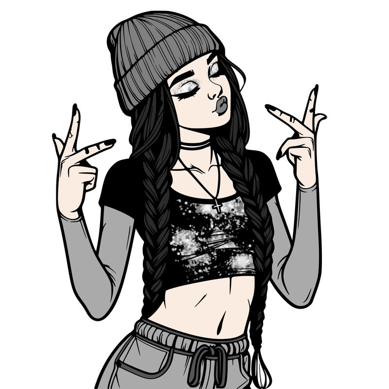 realistic teenage girl with braids and a beanie and crop top doing 🫶🏼