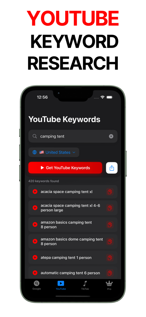 SEO Keyword Research Tool - キャンプ用テントのYouTubeキーワード候補を表示するSEOキーワード調査ツールアプリのインターフェース