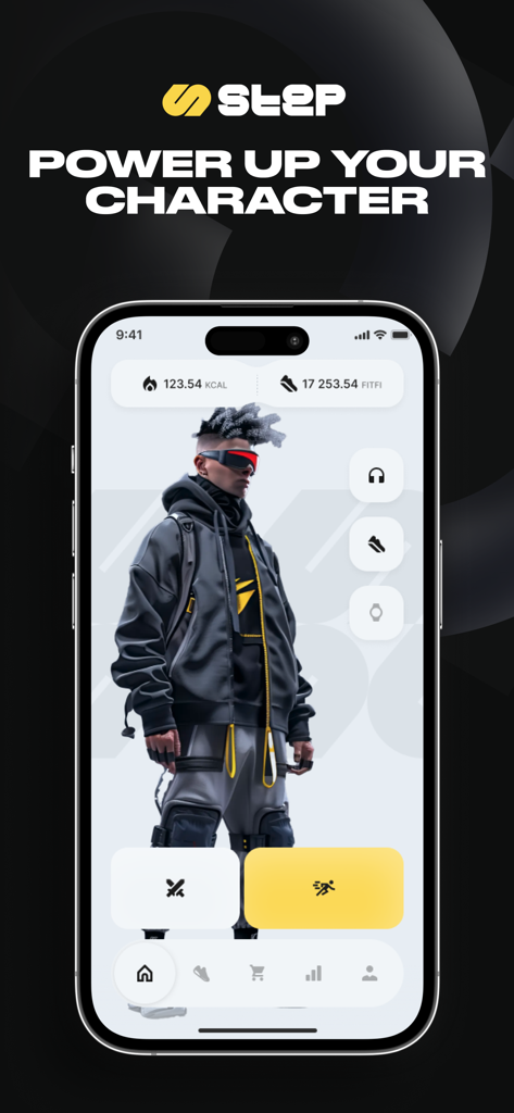 Step App: M2E Running App - A smartphone display showing the Step App interface where a user can customize their futuristic digital avatar with gear to earn crypto