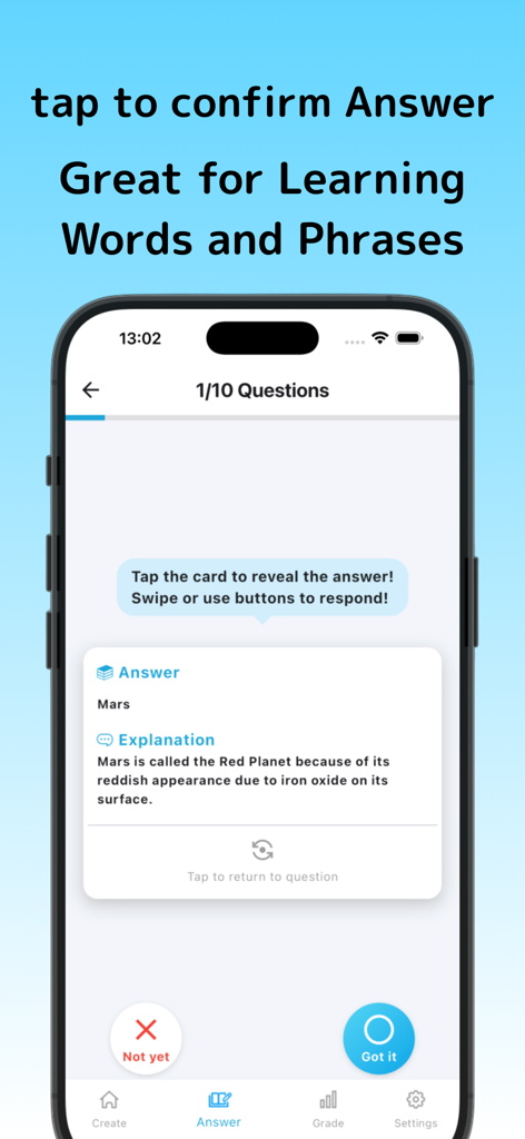 A mobile screen from the Q Share app showing a flashcard answer and detailed explanation for a quiz question about Mars