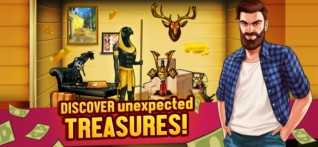 Bid Wars: Storage Auction Game - A bearded man standing in front of a storage unit filled with rare collectibles and antique treasures