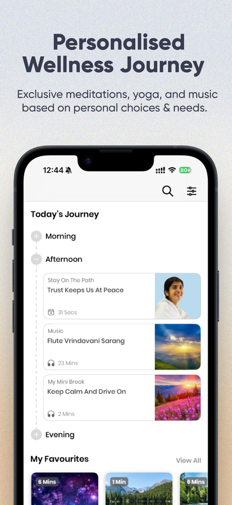 ThinkRight: Meditation & Sleep - Mobile app interface showing a personalized daily wellness timeline with meditations and music.