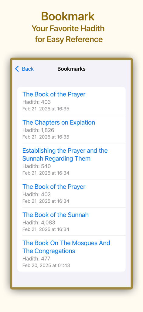 Pantalla de marcadores en la aplicación Sunan Ibn Majah mostrando una lista de hadices guardados con sus títulos de libro y números de referencia.