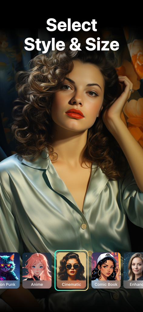 AI Photo Generator - Art Guru - A screenshot of Art Guru app showing a cinematic AI portrait and style options like Anime and Comic Book