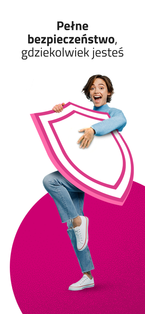 Mój TAURON - Una donna che salta e tiene uno scudo grande per rappresentare la sicurezza dell'app mobile