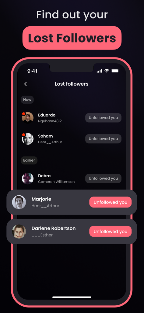 App interface displaying a list of users who recently unfollowed the account.