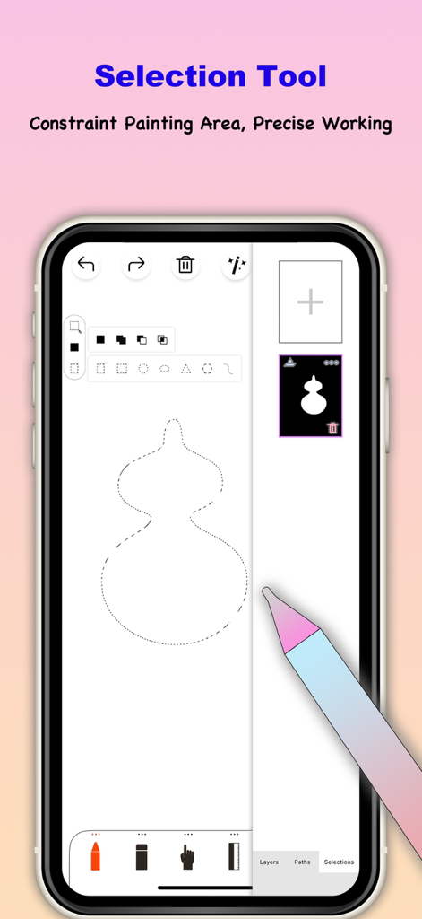 Selection tool interface in Sketch Tree Pro showing a precise area for painting on a mobile device.