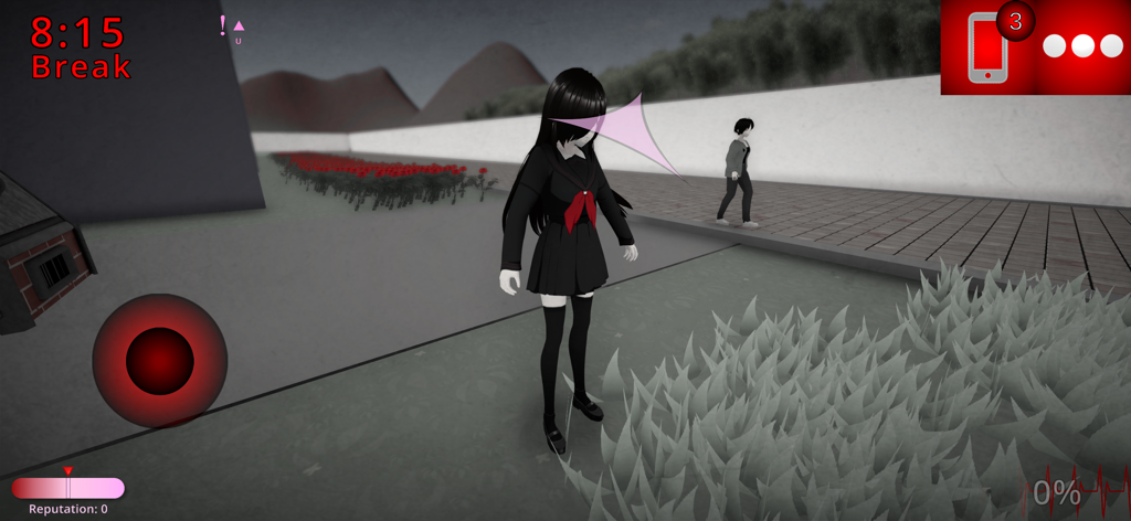 Anime character in a school uniform walking in a dark school courtyard in Ai To Noroi