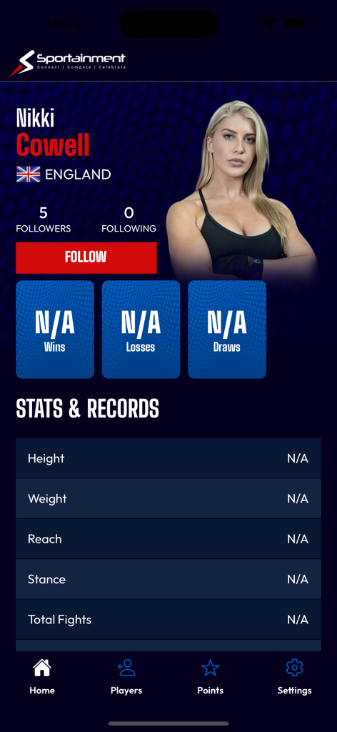 Sportainment - Nikki Cowell athlete profile page in the Sportainment app showing personal stats and fight records