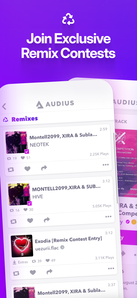 Interface of the Audius Music app showing a list of exclusive remix tracks and contest entries.