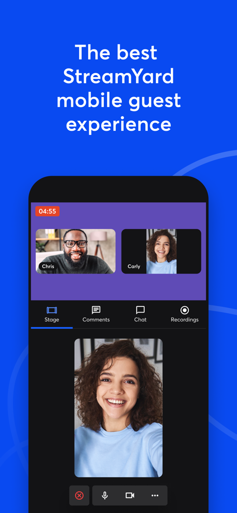 StreamYard Guest - Mobile interface of the StreamYard Guest app showing a live stream with two participants and studio controls