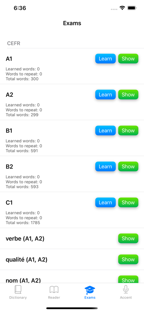 French : A1, A2, B1, B2 exams - French language learning app interface showing exam preparation levels from A1 to C1