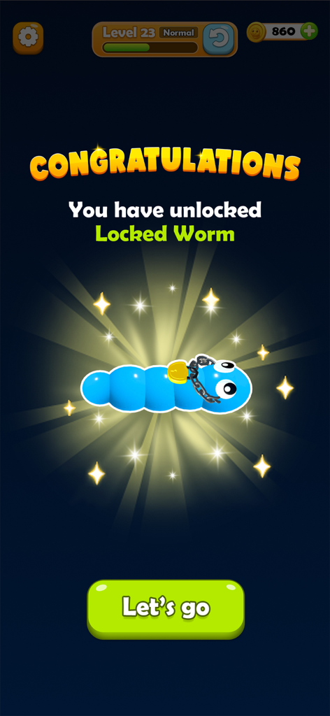 Worm Color Blast - Congratulations screen in Worm Color Blast showing a newly unlocked blue worm with a lock and chains.