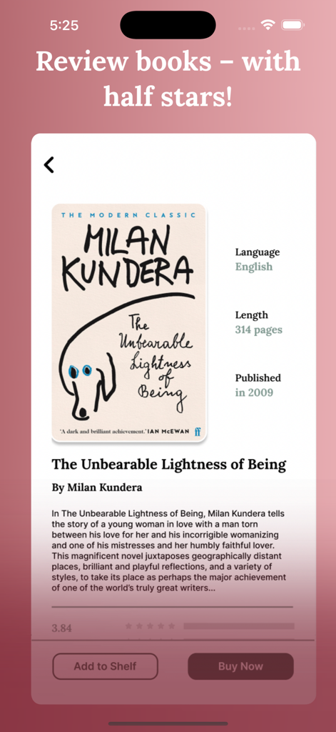 Screenshot of the Bookish app interface showing a book review page for The Unbearable Lightness of Being with half-star rating capabilities.