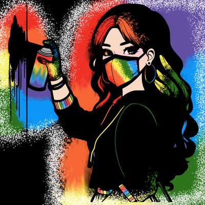 realistic girl with mask spray painting a wall