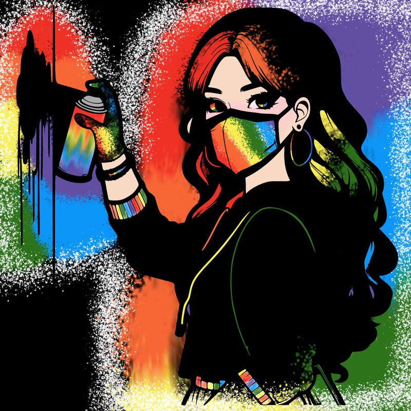 realistic girl with mask spray painting a wall