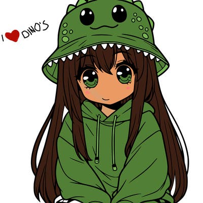 girl with anime shaped eyes with a dinosaur bucket hat oversized sweatshirt long straight hair