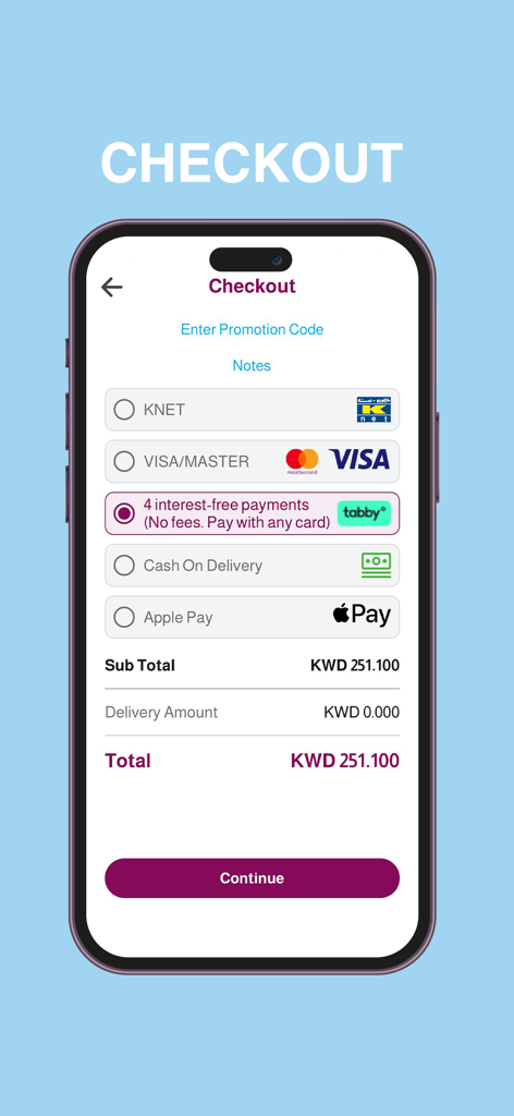 Checkout screen of the Adhari Kuwait app showing various payment methods including credit cards and Apple Pay