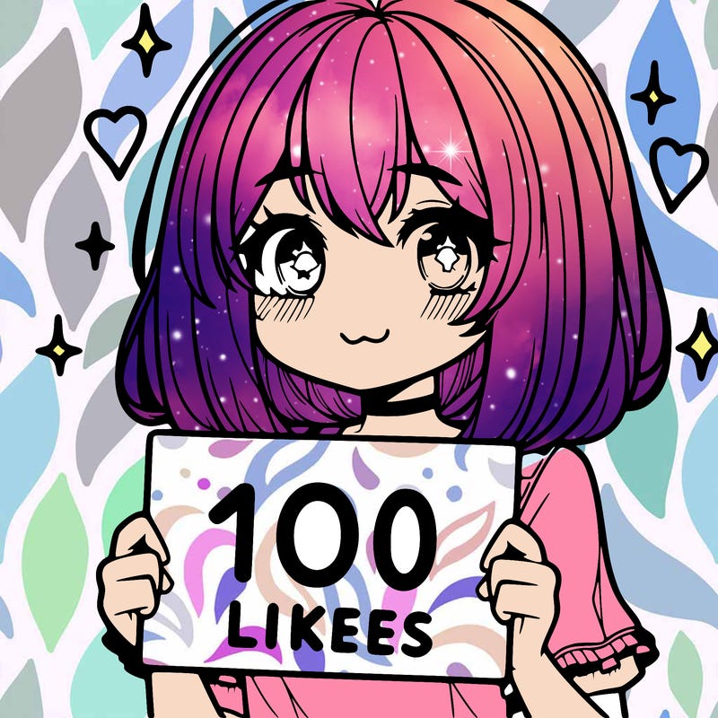 anima girl holding a 100 likes sign in her hand